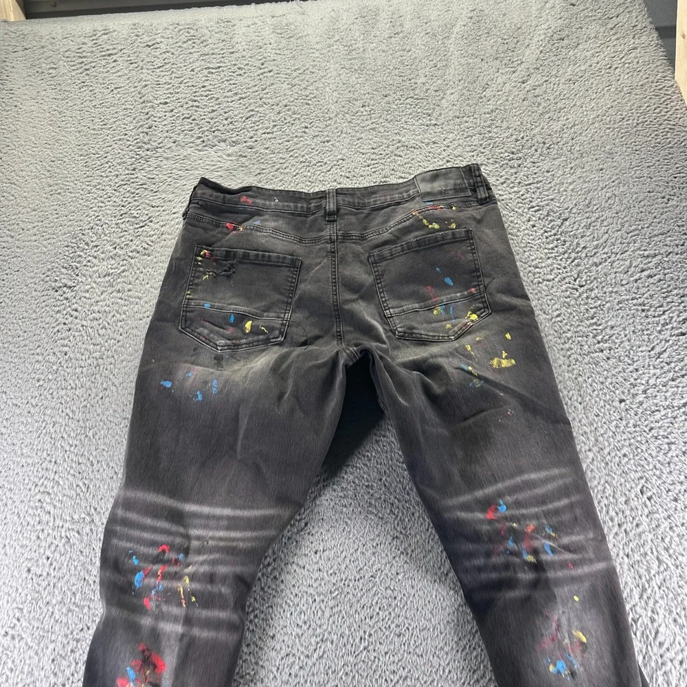 Rue 21 Supreme Flex Premium Jeans Mens 38x32 Black Denim Tapered Paint‎ Splatter